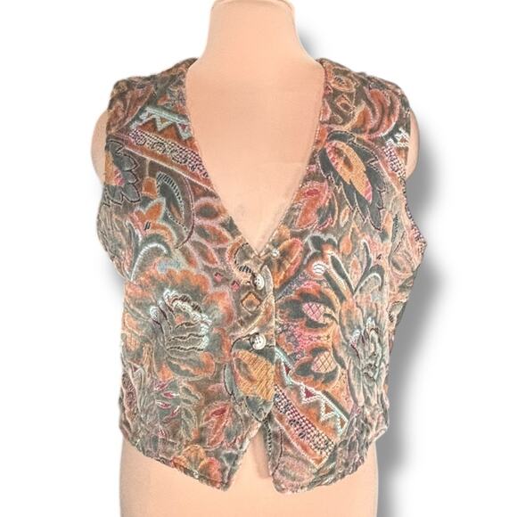 Vintage 90s Willowbend Floral Tapestry Vest Brown Rust Green Western Medium - Picture 4 of 9